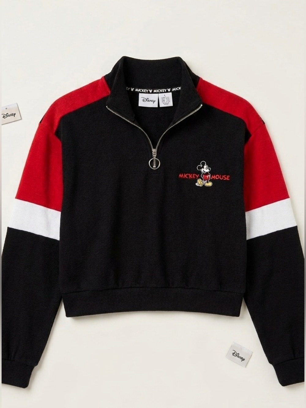 Disney Mickey Mouse Colour Block Cropped Quarter Zip Pullover Sweater Large